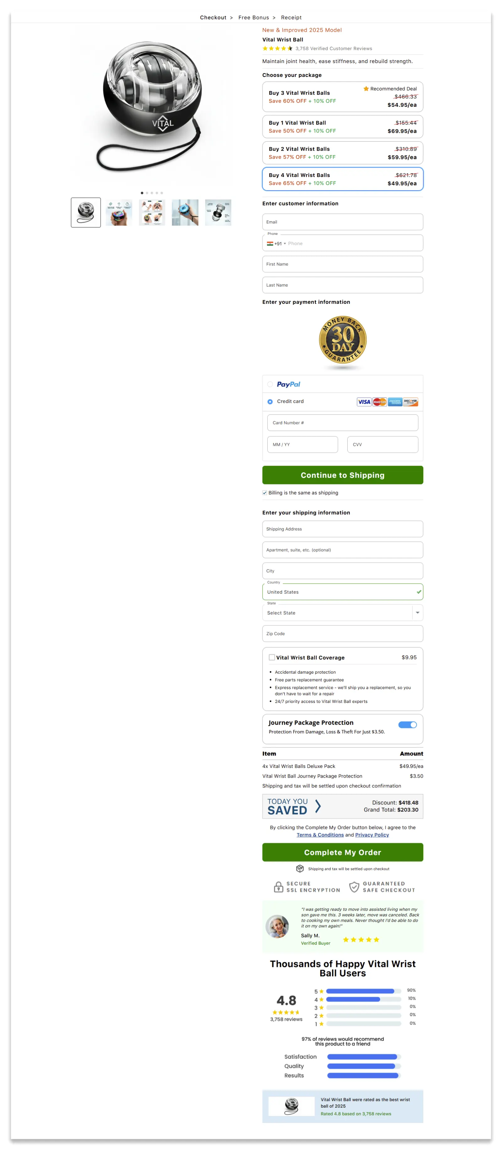 vital wrist ball checkout page.